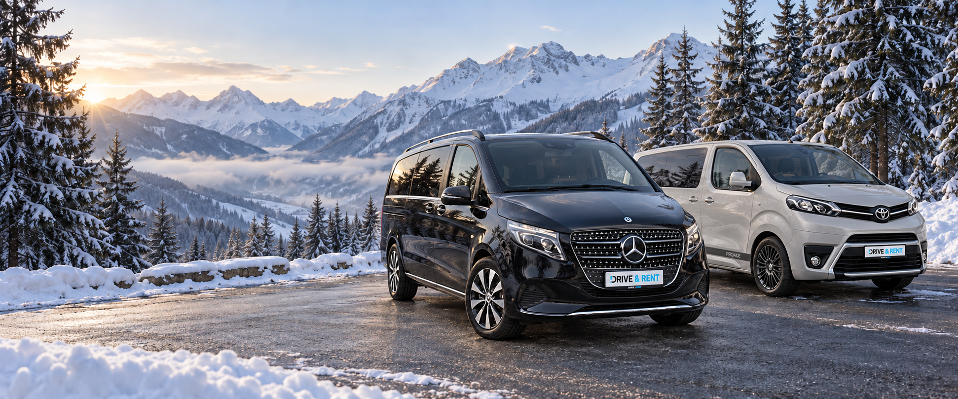 Černý Mercedes-Benz V facelift a stříbrná Toyota ProAce Verso v zasněžené horské krajině – ilustrační vizuál