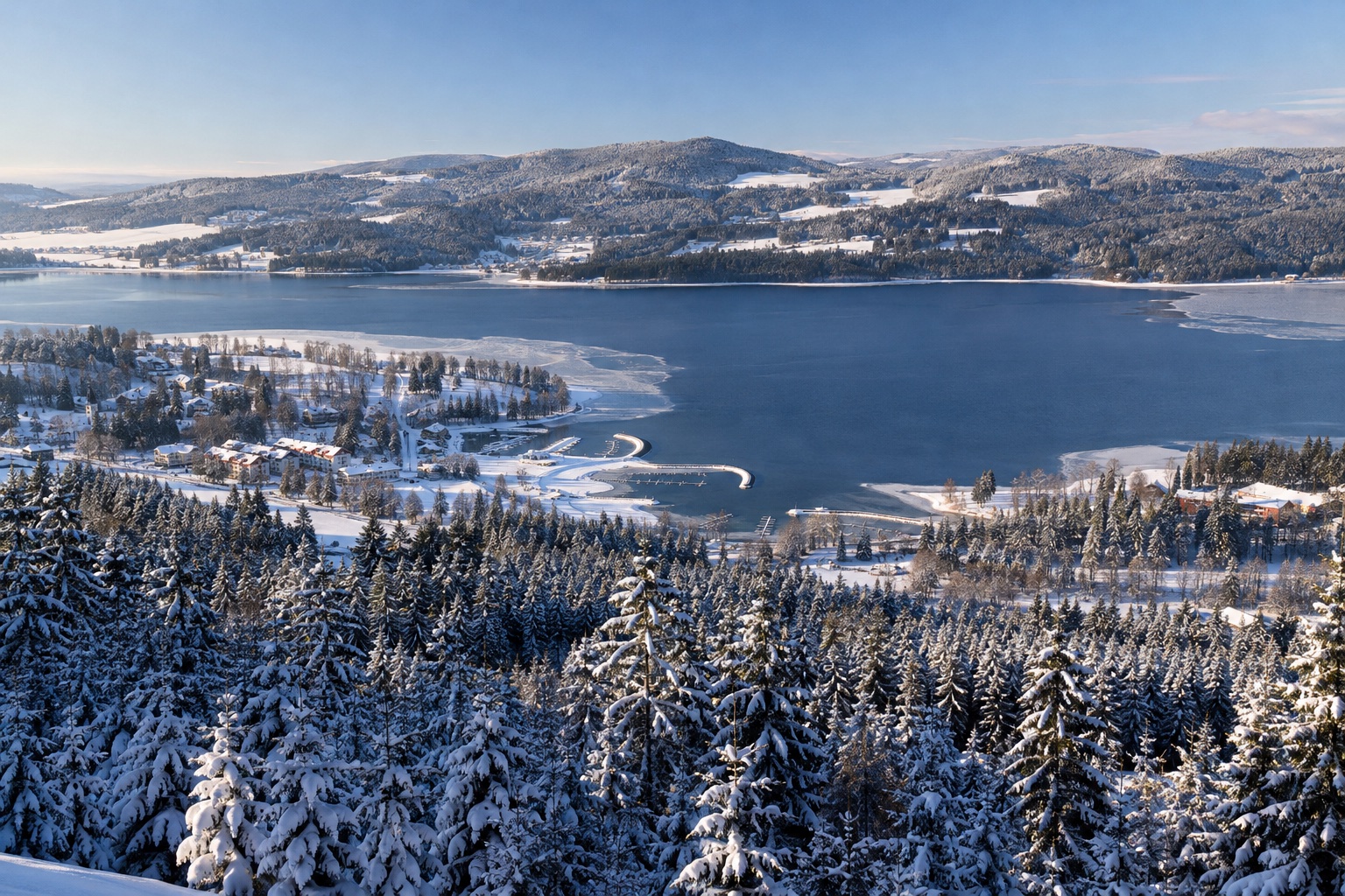 Zimní panorama Lipna nad Vltavou a zasněžených břehů