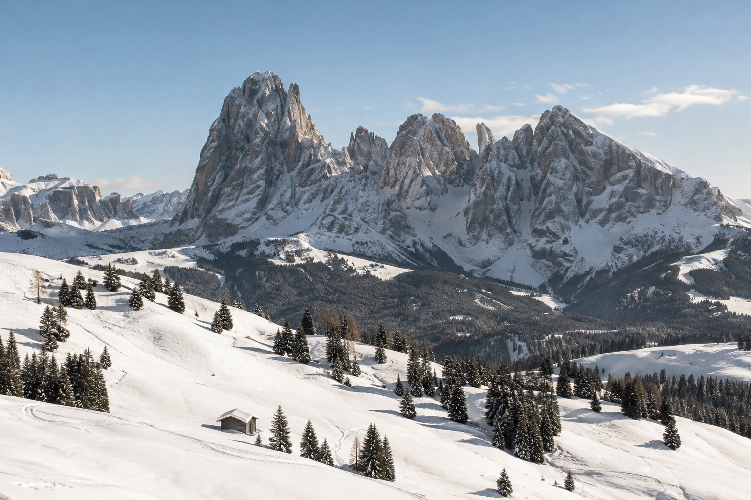 Zimní panorama Val Gardeny ze Secedy